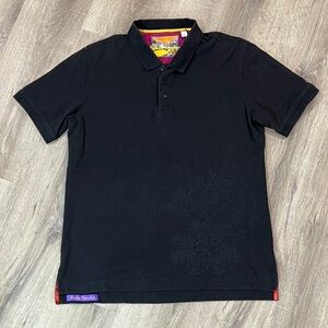 Robert Graham Size Large Black Embroidered Floral Pattern Polo Shirt Classic